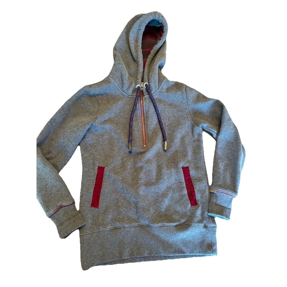 Grey Marl Pullover Hoodie Half Zip Red Trim Striped Drawstring Men's Size Small